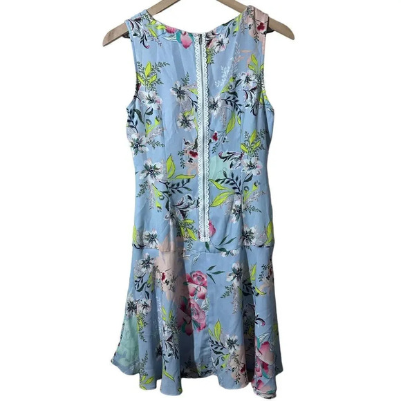 Nicole Miller Light Blue Floral Sleeveless Swing Drop Waist Dress Size 6 - Picture 5 of 12